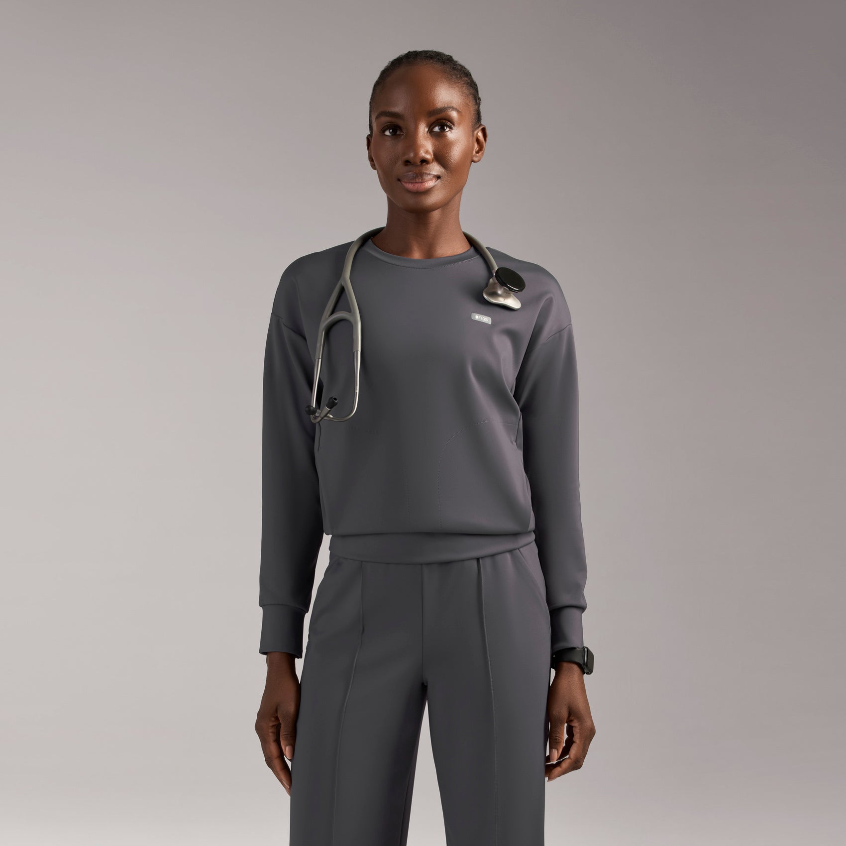 Cornelia Long-Sleeve Scrub Top - Charcoal