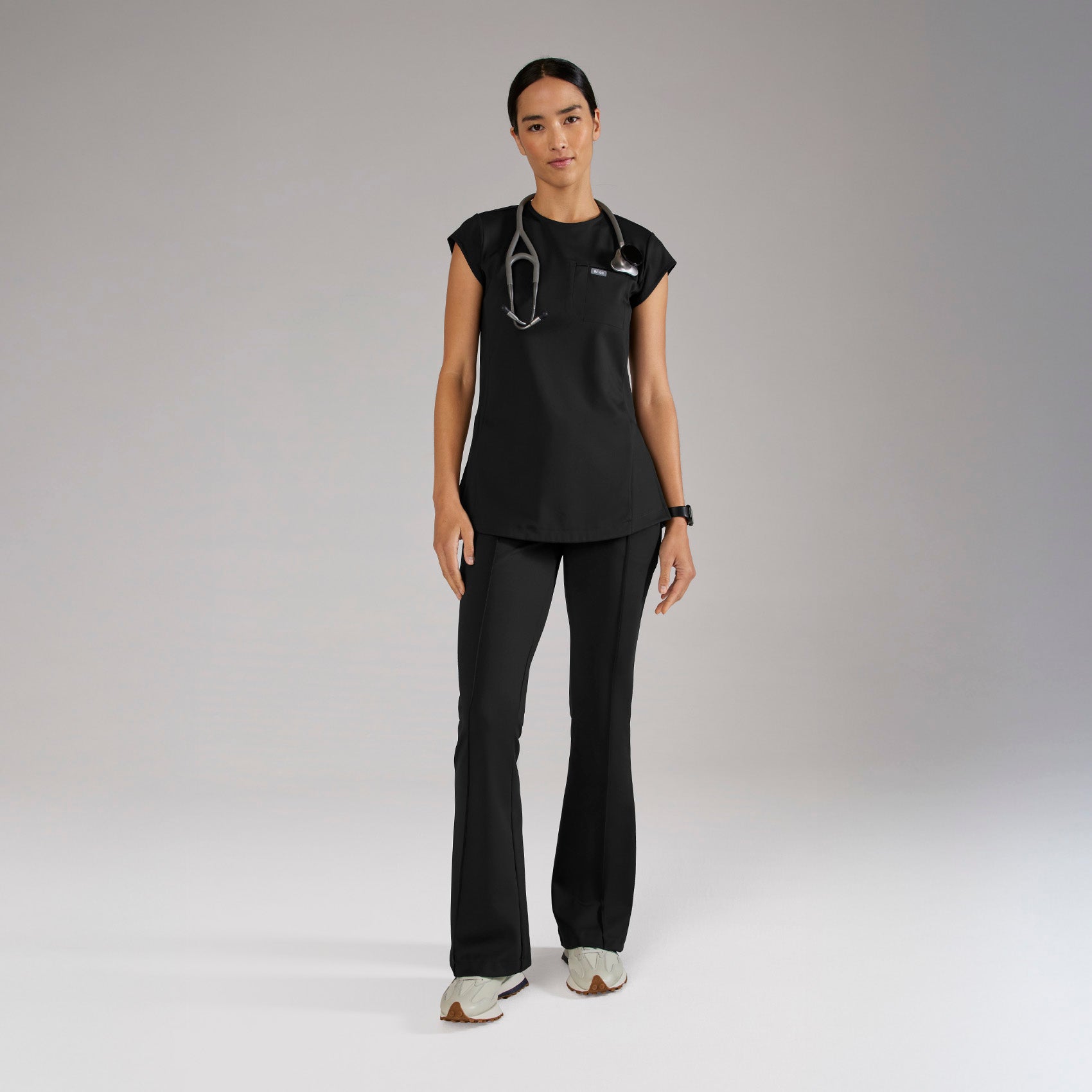 Alma Slim Crewneck Tunic Scrub Top - Black