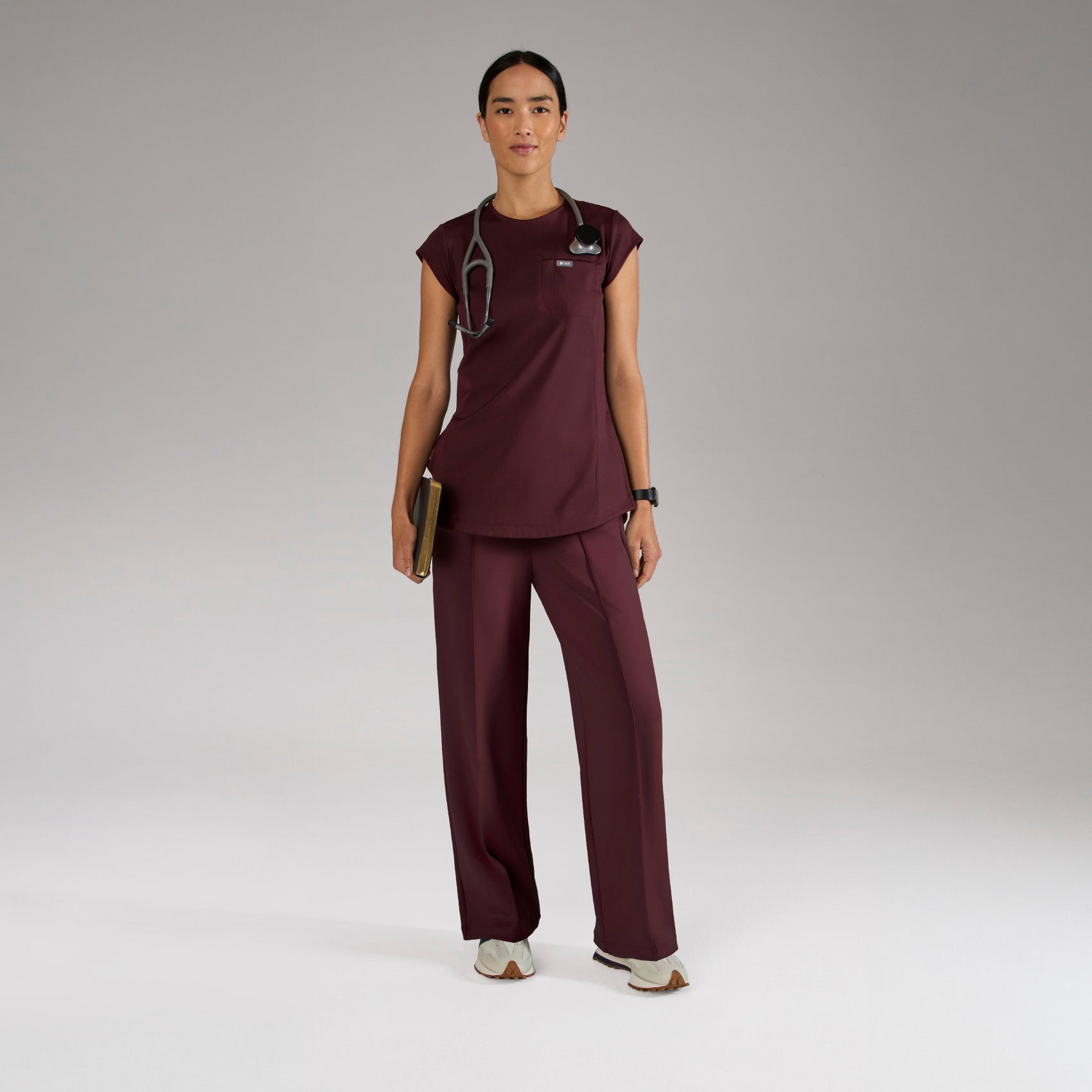 Alma Slim Crewneck Tunic Scrub Top - Burgundy