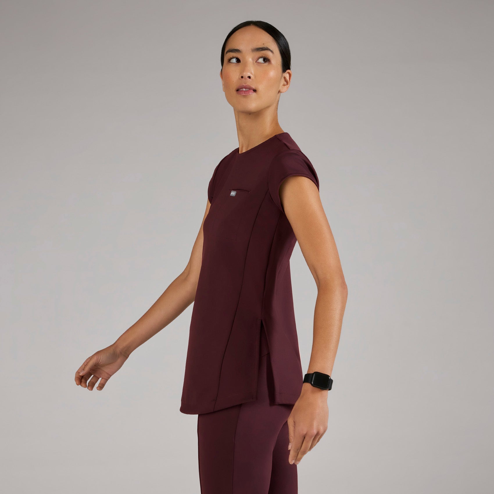 Alma Slim Crewneck Tunic Scrub Top - Burgundy