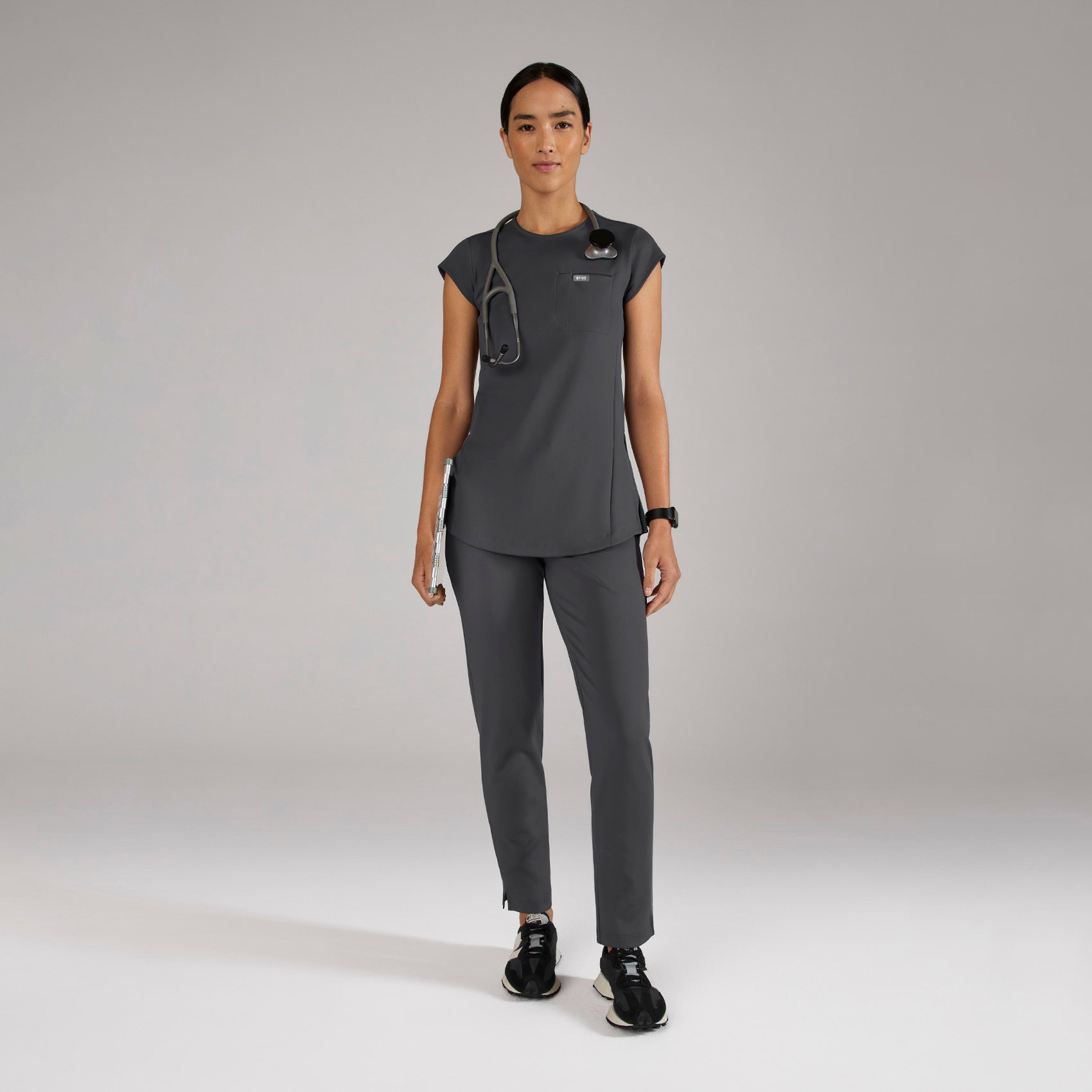 Alma Slim Crewneck Tunic Scrub Top - Charcoal