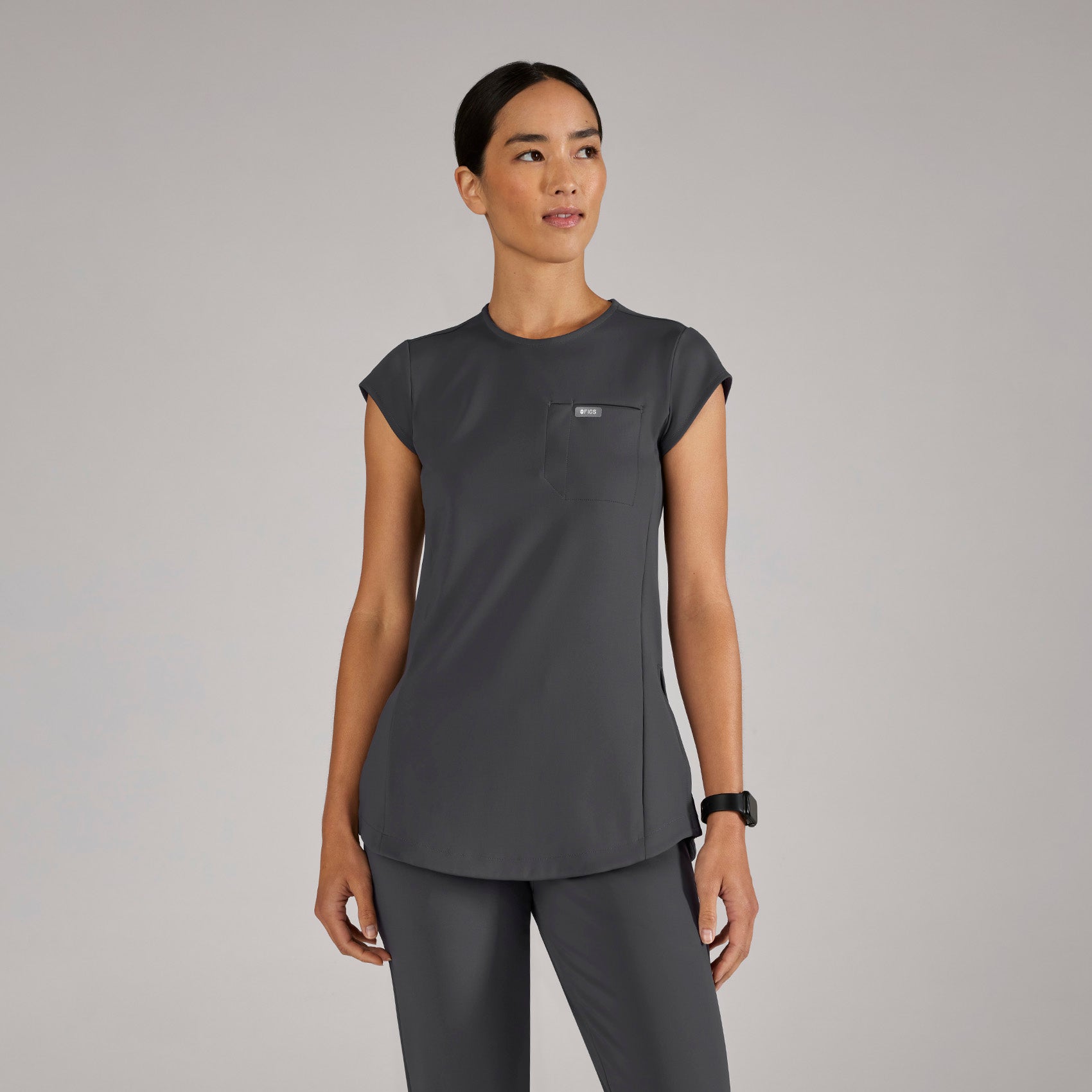 Alma Slim Crewneck Tunic Scrub Top - Charcoal