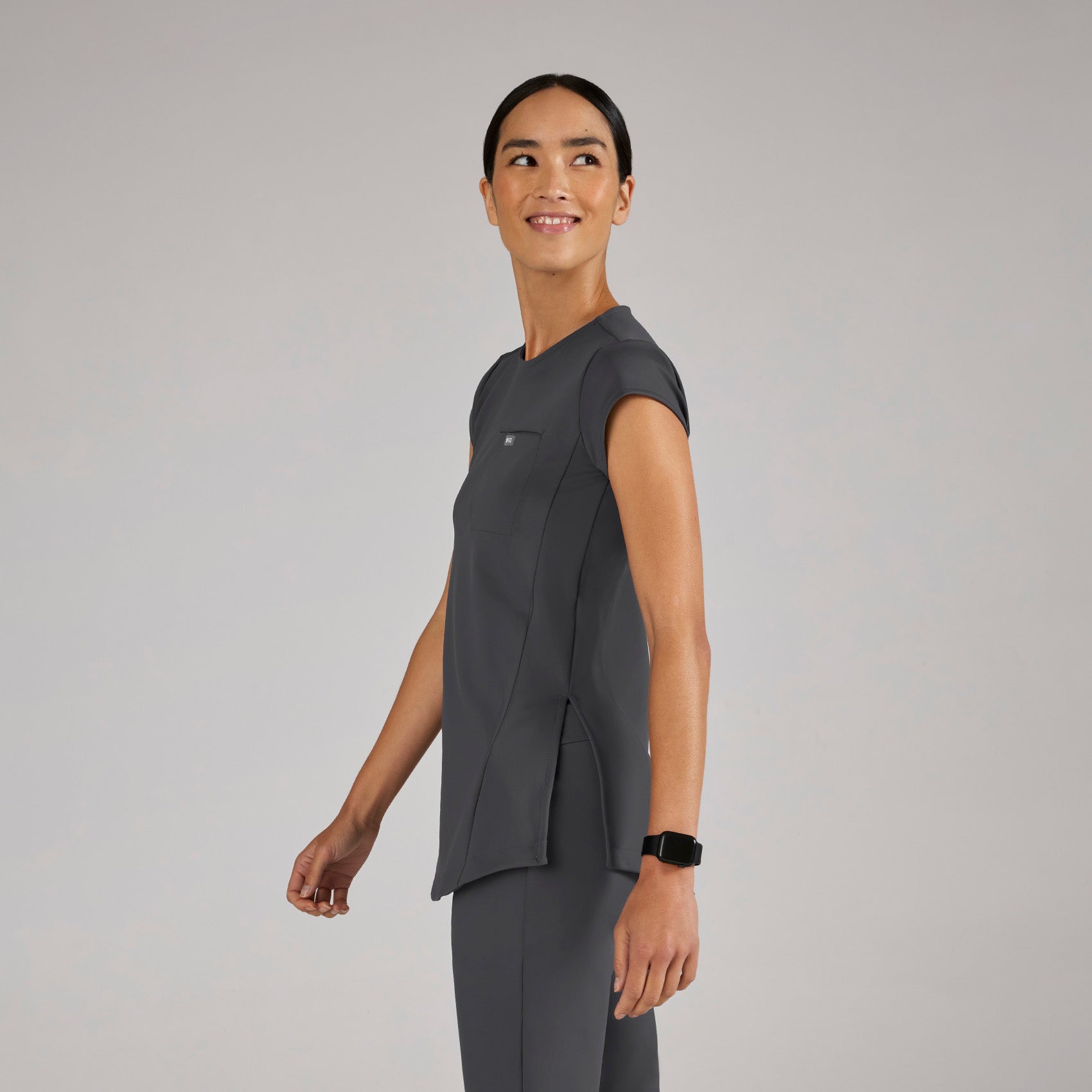 Alma Slim Crewneck Tunic Scrub Top - Charcoal