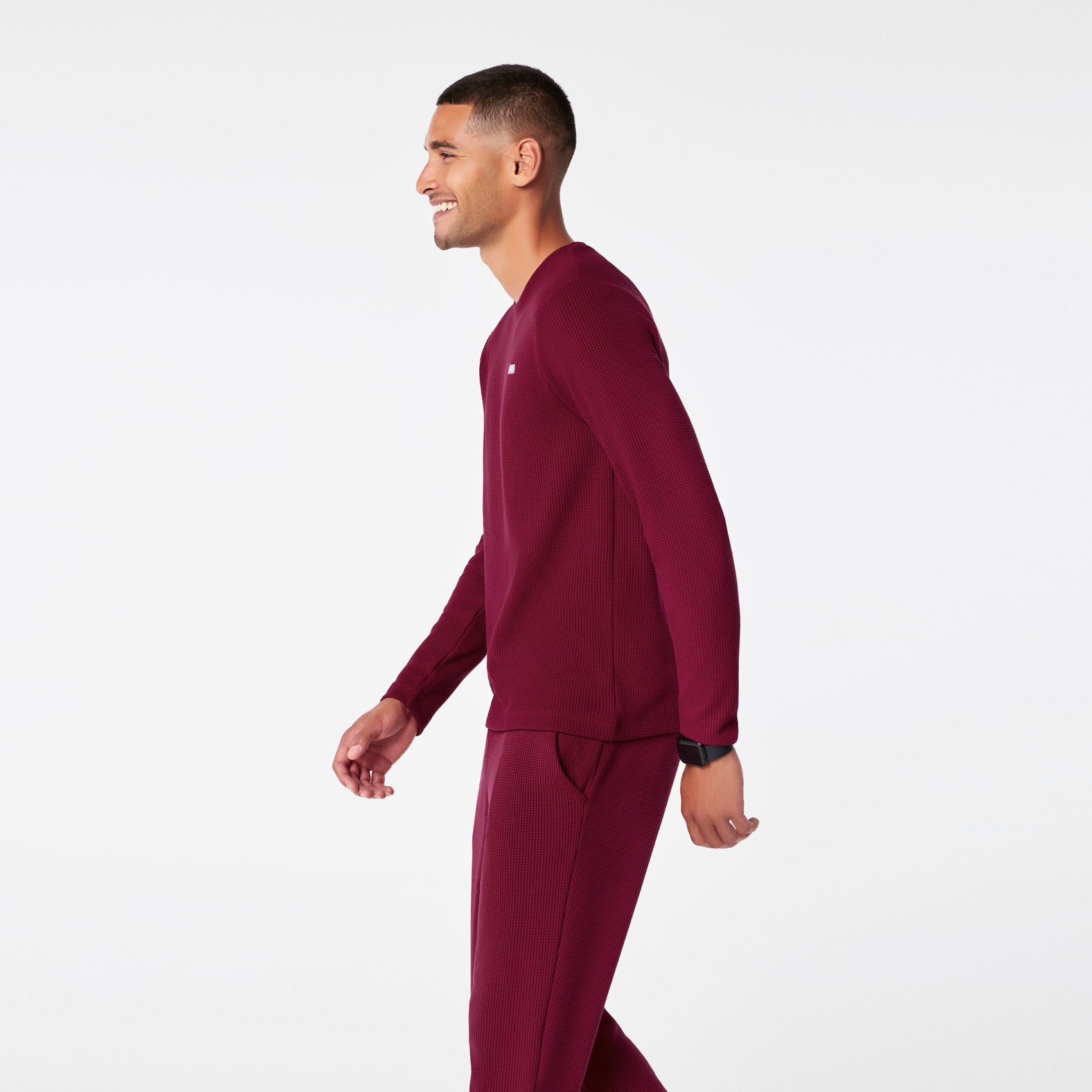 Off-Shift Waffle Crewneck Top™ - Deep Cranberry