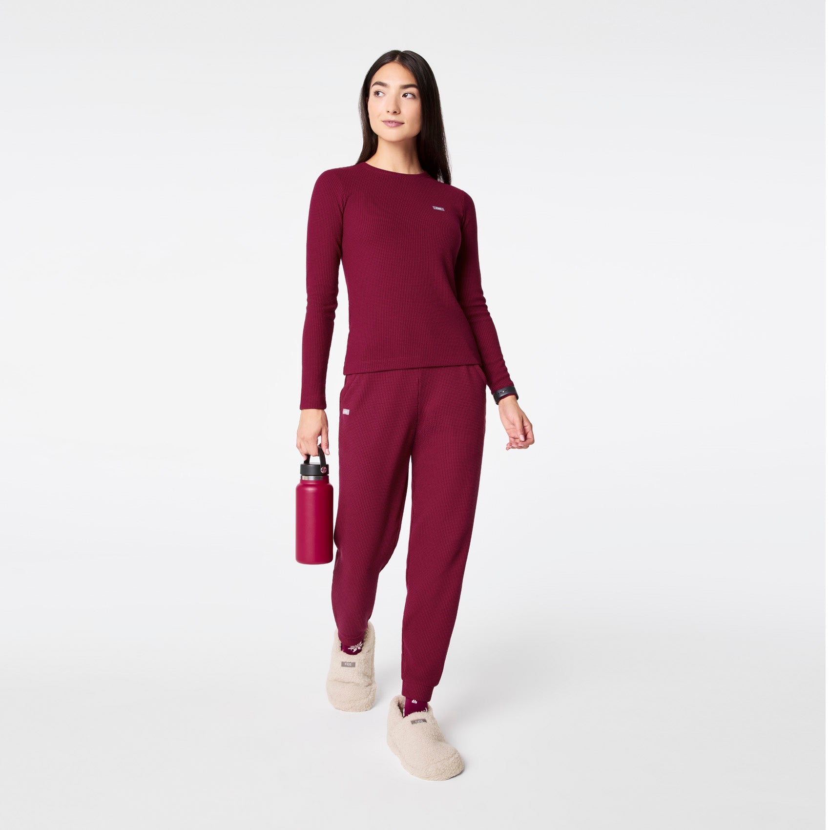 Off-Shift Waffle Crewneck Top™ - Deep Cranberry