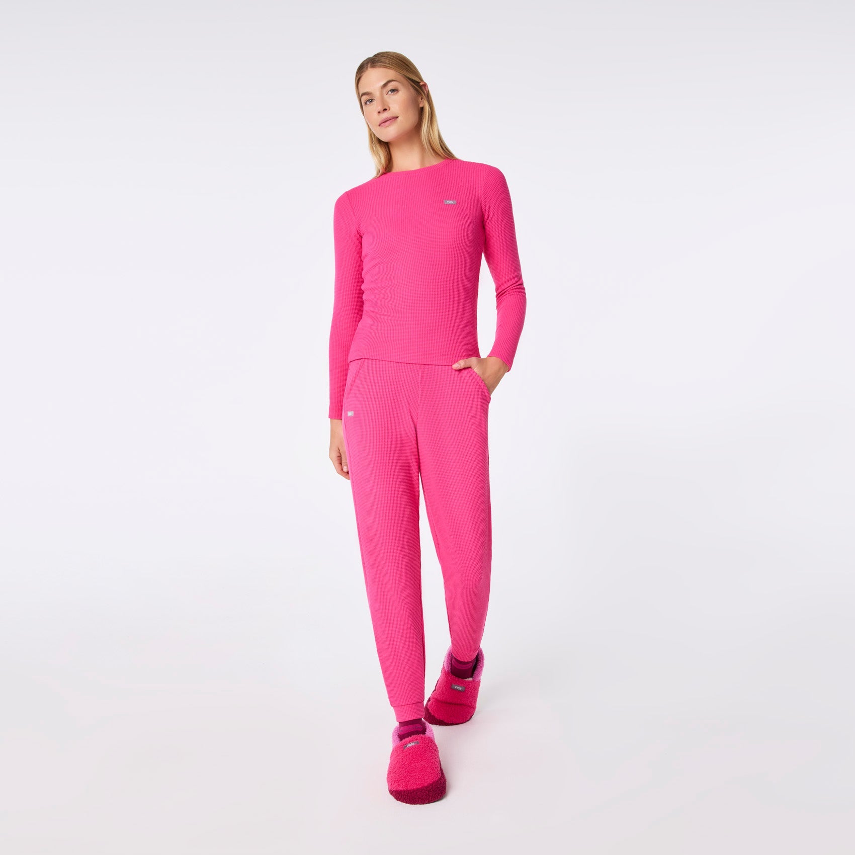 Off-Shift Waffle Crewneck Top™ - Shocking Pink