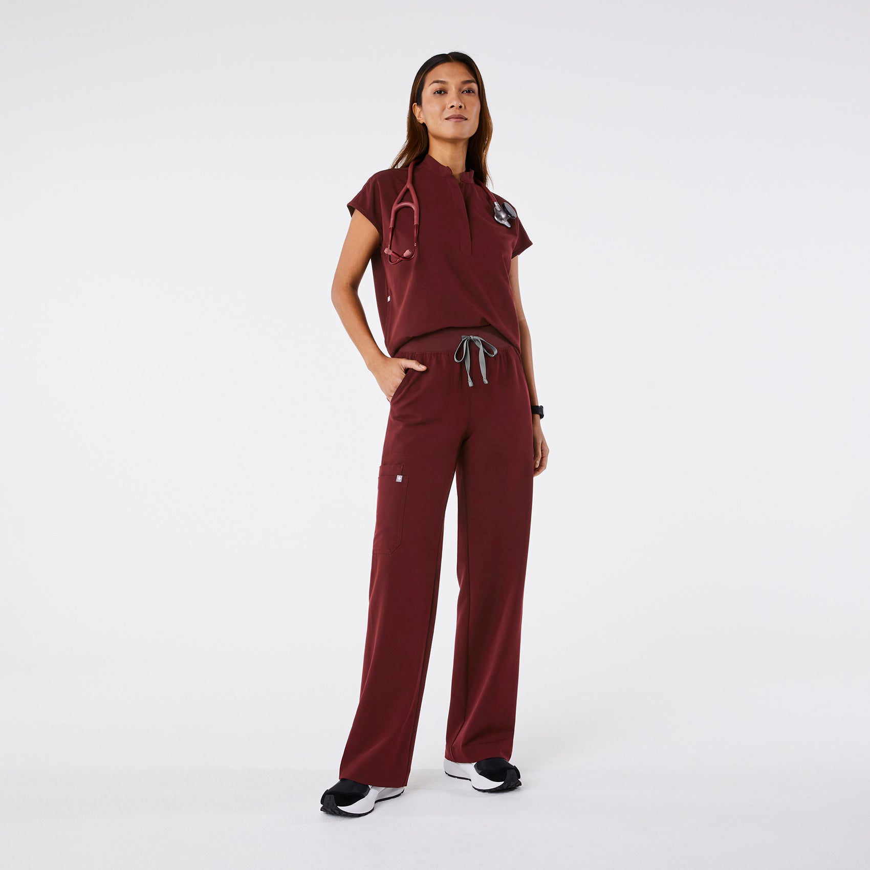 Isabel High-Rise Wide-Leg Scrub Pant - Burgundy