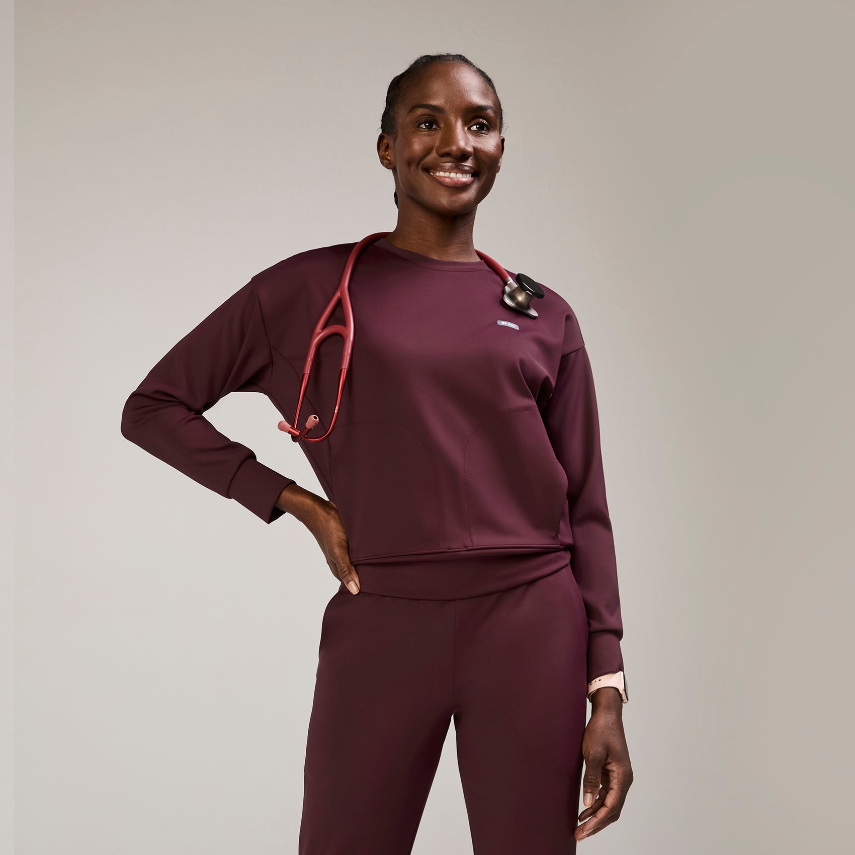 Cornelia Long-Sleeve Scrub Top - Burgundy